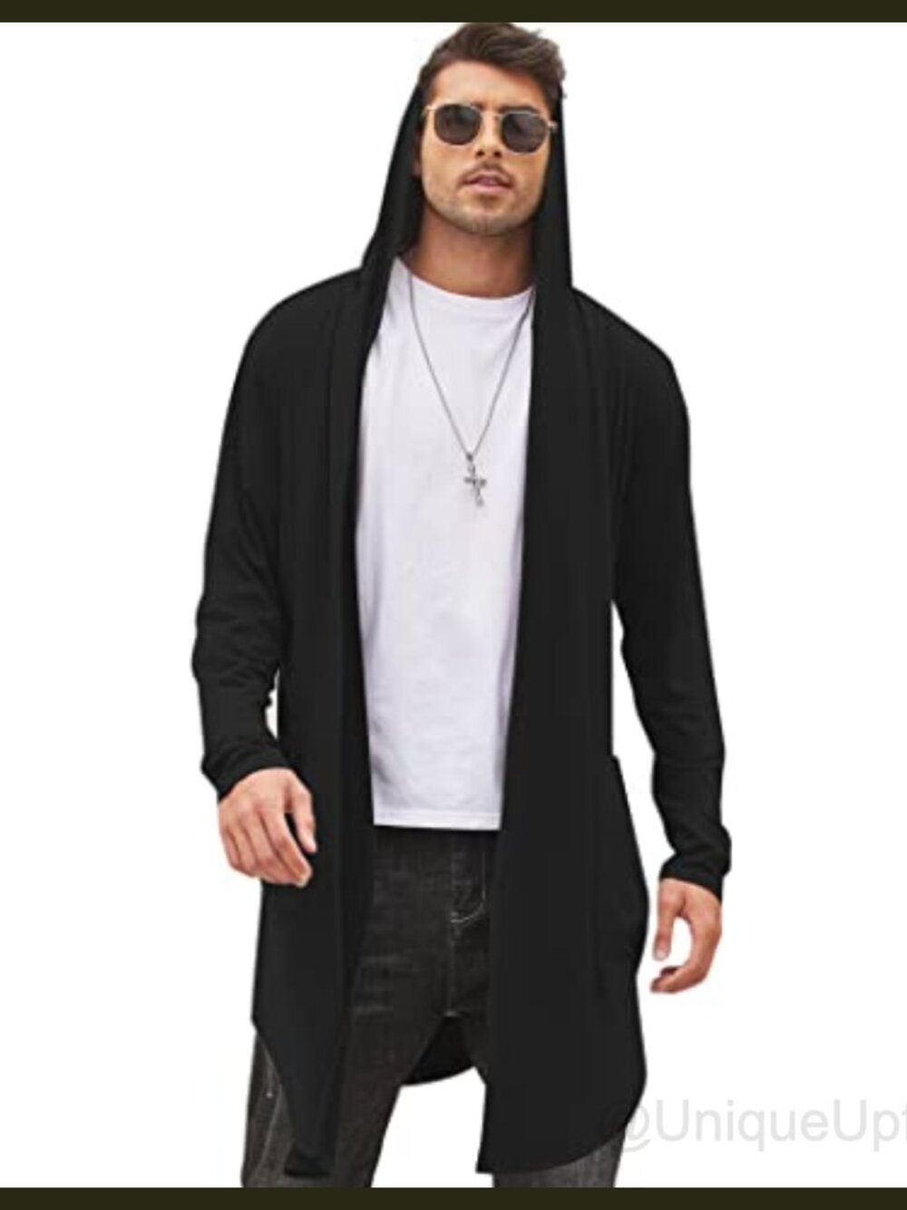 Men's Long Hooded Cardigan Shawl Collar Lightweight Cape Cloak Loose Fit